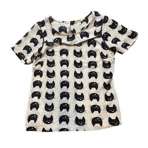 Meraki Shirt Womens XL Black White AOP‎ Kitty Cat Spandex Stretch Keyhole Blouse